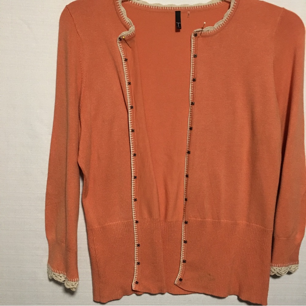 T Tahari Peach Cardigan Fairy Sweater Snaps Up Cream Crocheted Trim Wide Ribbi View 2